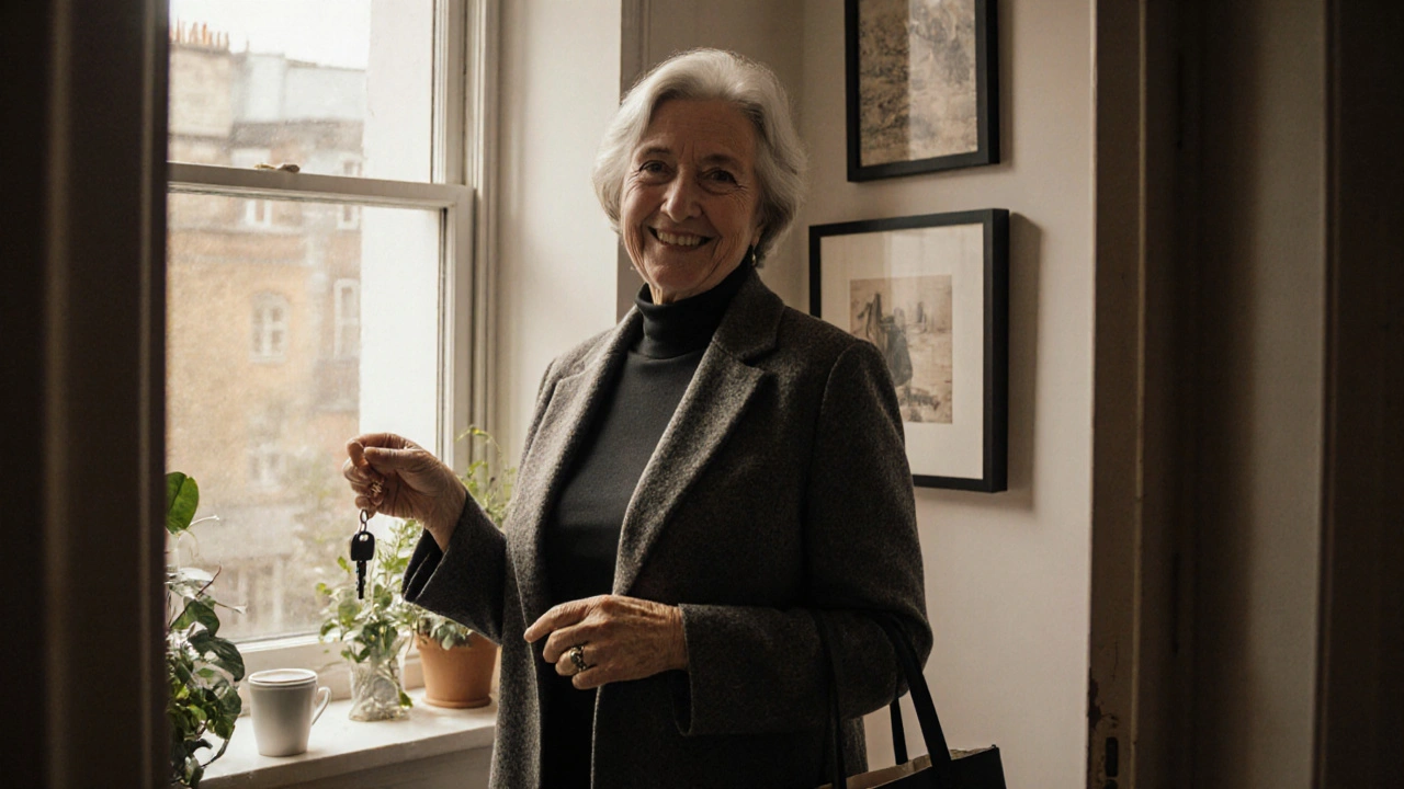 A mature professional standing in her own London apartment doorway, exuding confidence and authenticity in everyday attire.