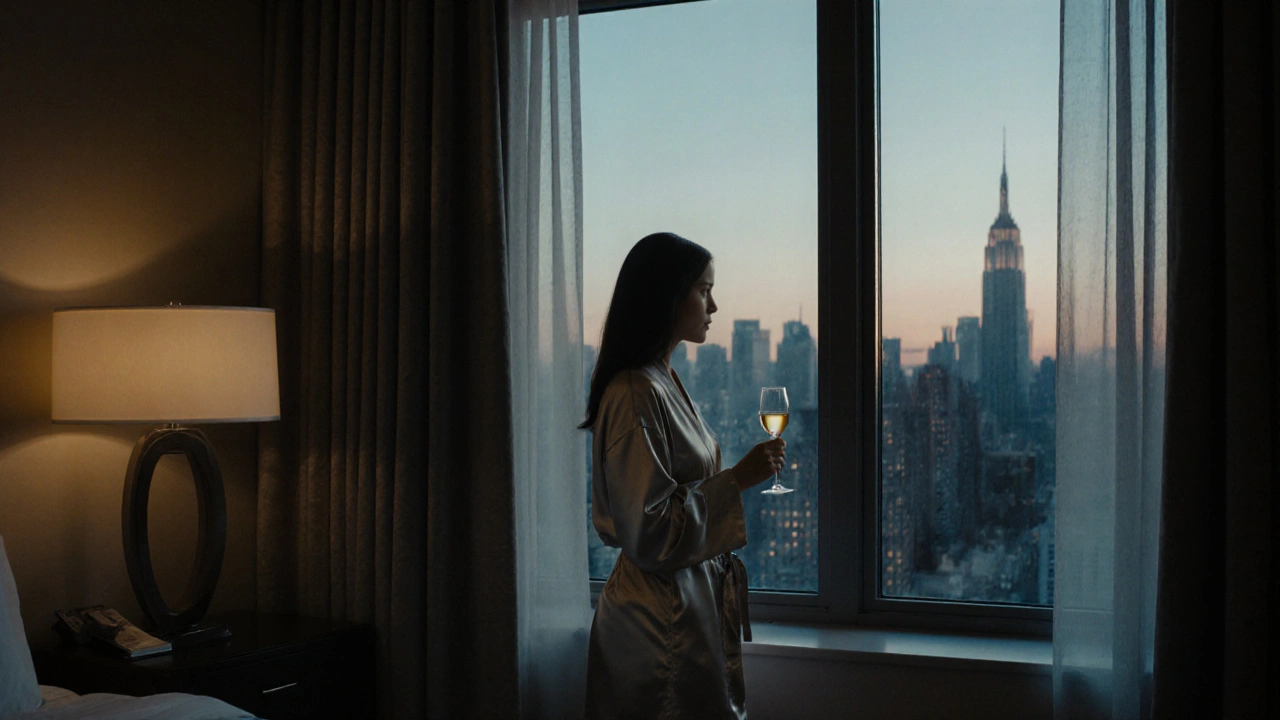 A mature woman in a hotel suite in Chelsea, gazing at the city skyline with quiet poise.