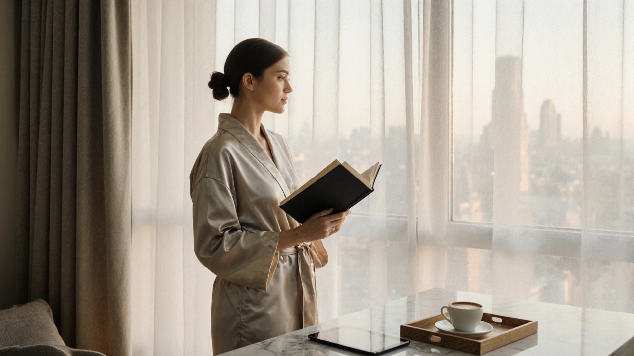 A poised woman in a silk robe standing by a window in a minimalist Chelsea apartment, morning light streaming in, books and coffee nearby.