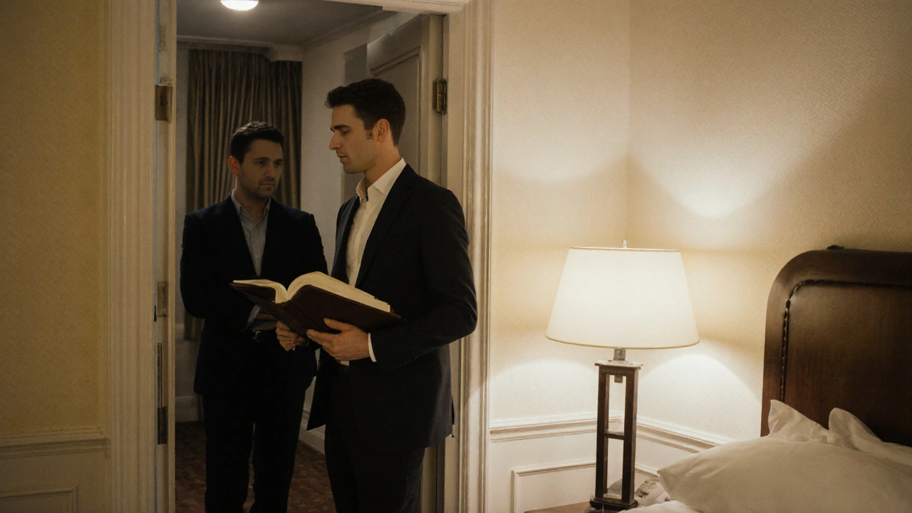 A professional escort and client in a hotel room, maintaining clear boundaries and eye contact.