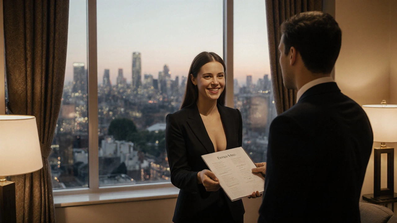 A professional escort hands a printed service menu to a client in a stylish London apartment lobby.