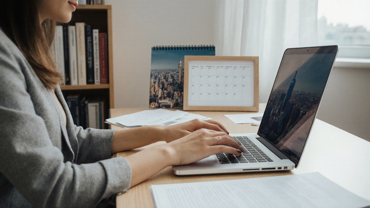 A professional woman working on a laptop in a home office with books and a city view, showing independence and balance.