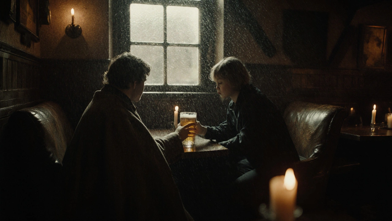 A quiet moment in a historic pub back room, someone handing a coat to another by a rain-streaked window.