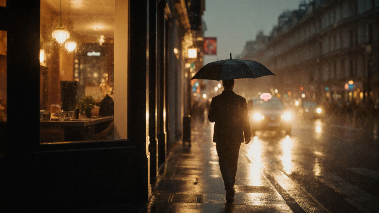 A rainy London street at night with warm café light and a lone figure under an umbrella, symbolizing emotional connection.
