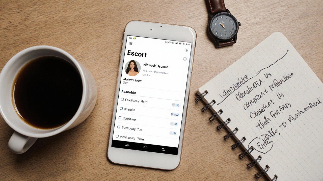 A smartphone displaying an escort profile with midweek booking filters, beside a coffee cup and wristwatch.