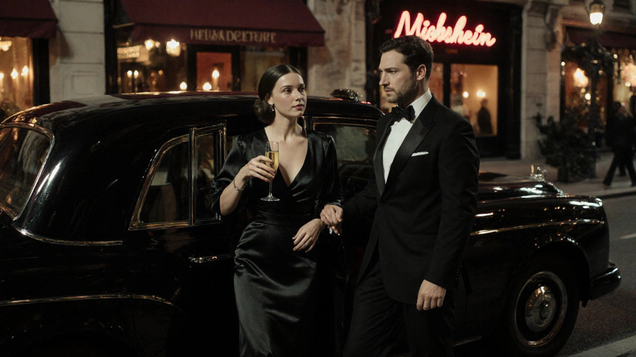 A sophisticated British escort in a black gown exiting a cab outside a fine dining restaurant in Mayfair at night.