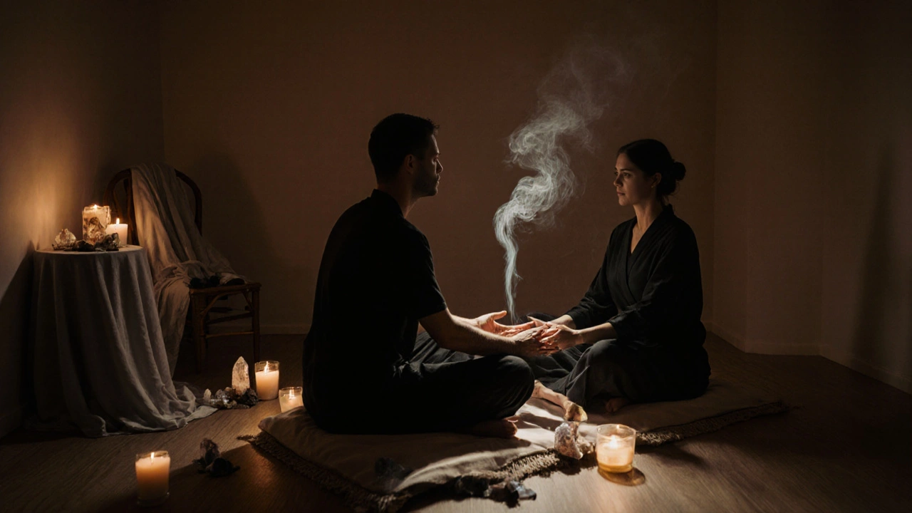 A tantric session with two people in quiet meditation, surrounded by candles and incense.