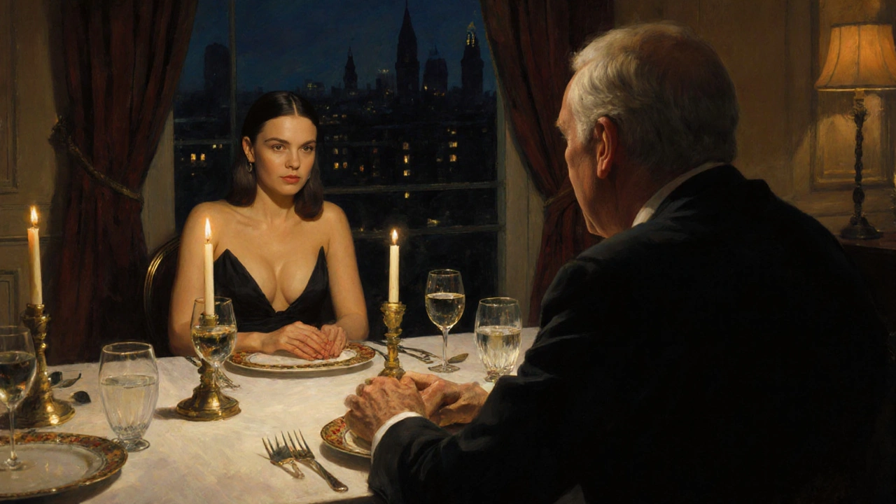 A VIP escort and client sit quietly across from each other in a candlelit Mayfair dining room, sharing silent companionship.