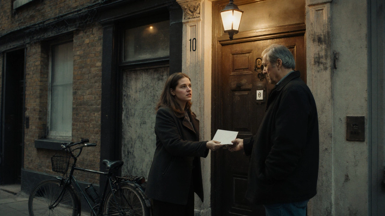 A woman hands an envelope to a man at the entrance of a modest Bethnal Green home.