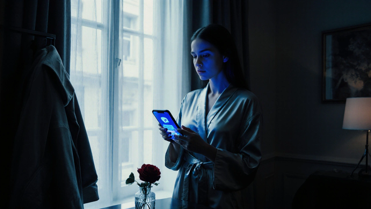 A woman holding a phone with encrypted messaging app in a Belgravia apartment, silk robe, rose on table, night setting.