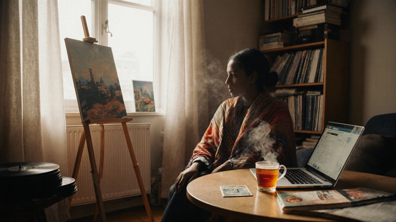 A woman in her Hackney home surrounded by books, art, and cultural items, natural light streaming through curtains.