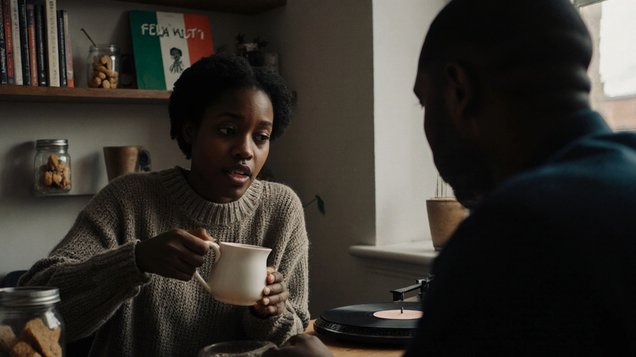 A woman pouring tea in a cozy East London flat, vinyl records and homemade shortbread visible in the background.