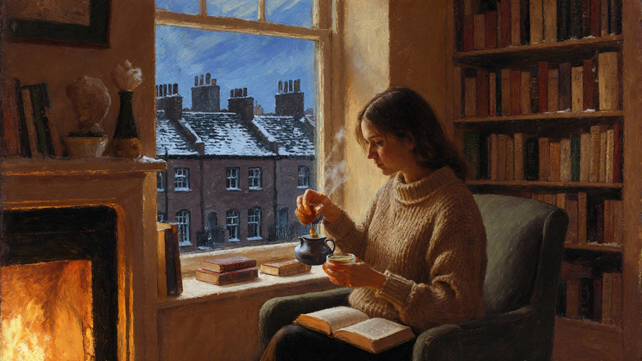 A woman pouring tea in a cozy Hampstead flat, books and fireplace in background, snow dusting distant rooftops.