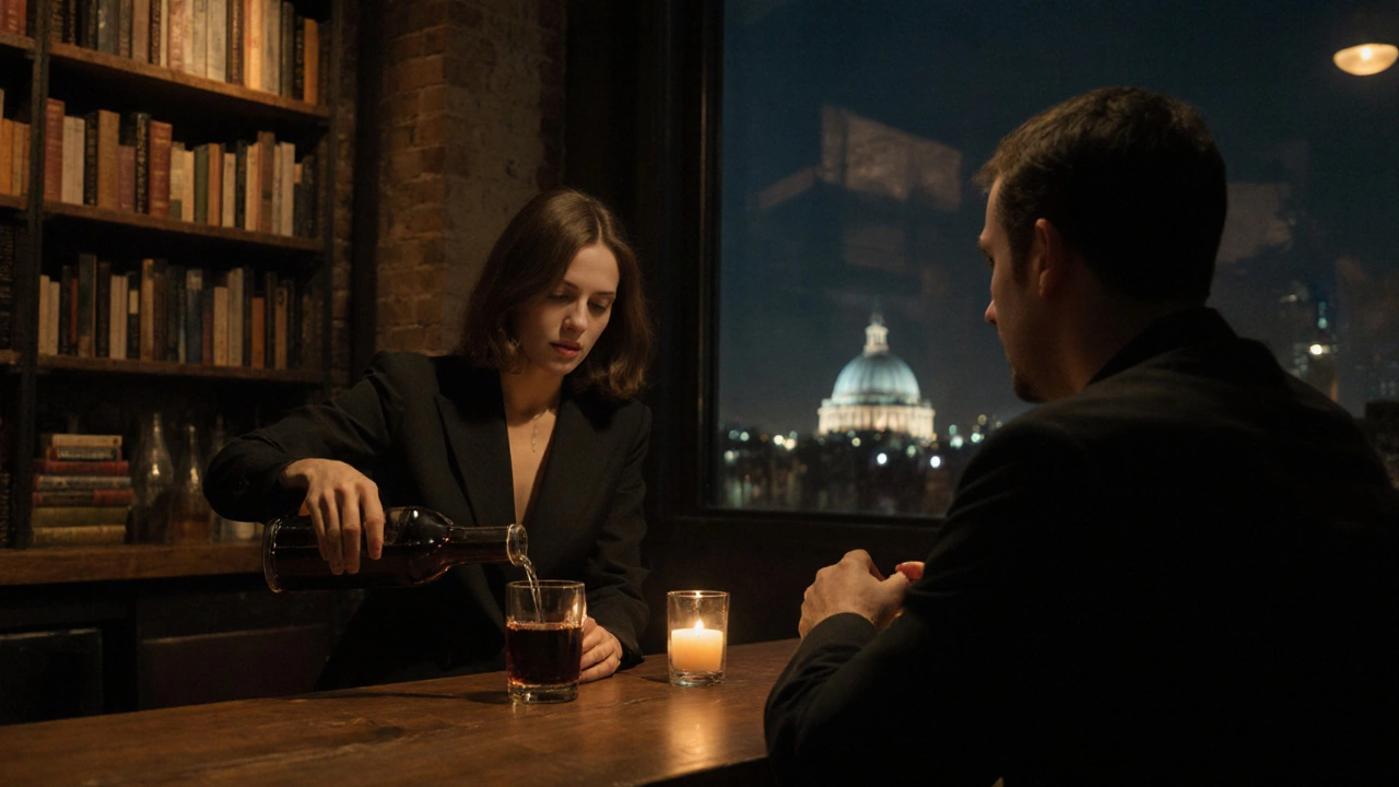 A woman pours wine in a cozy warehouse bar, books and the Royal Observatory visible through the window.