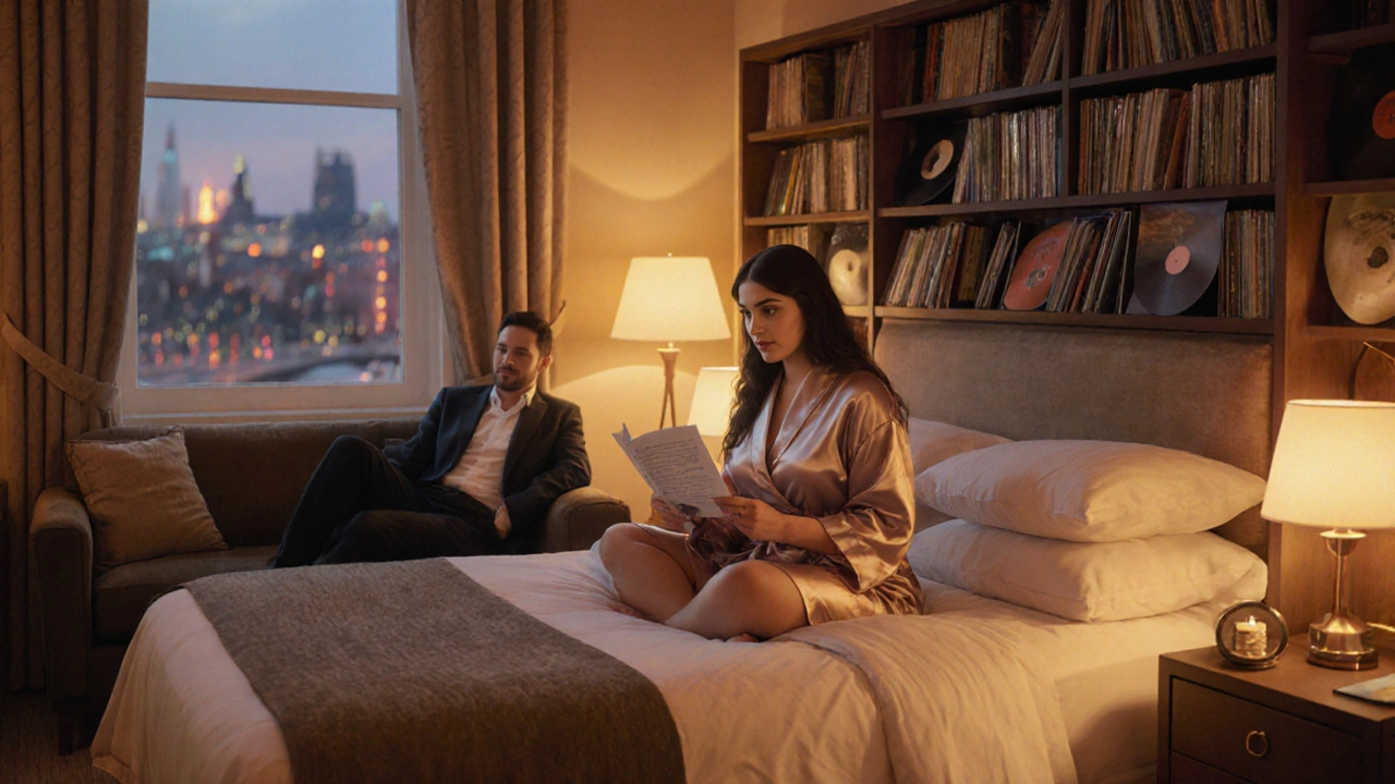 A woman reading poetry to a guest in a cozy hotel room, lit by candlelight, emphasizing emotional connection.
