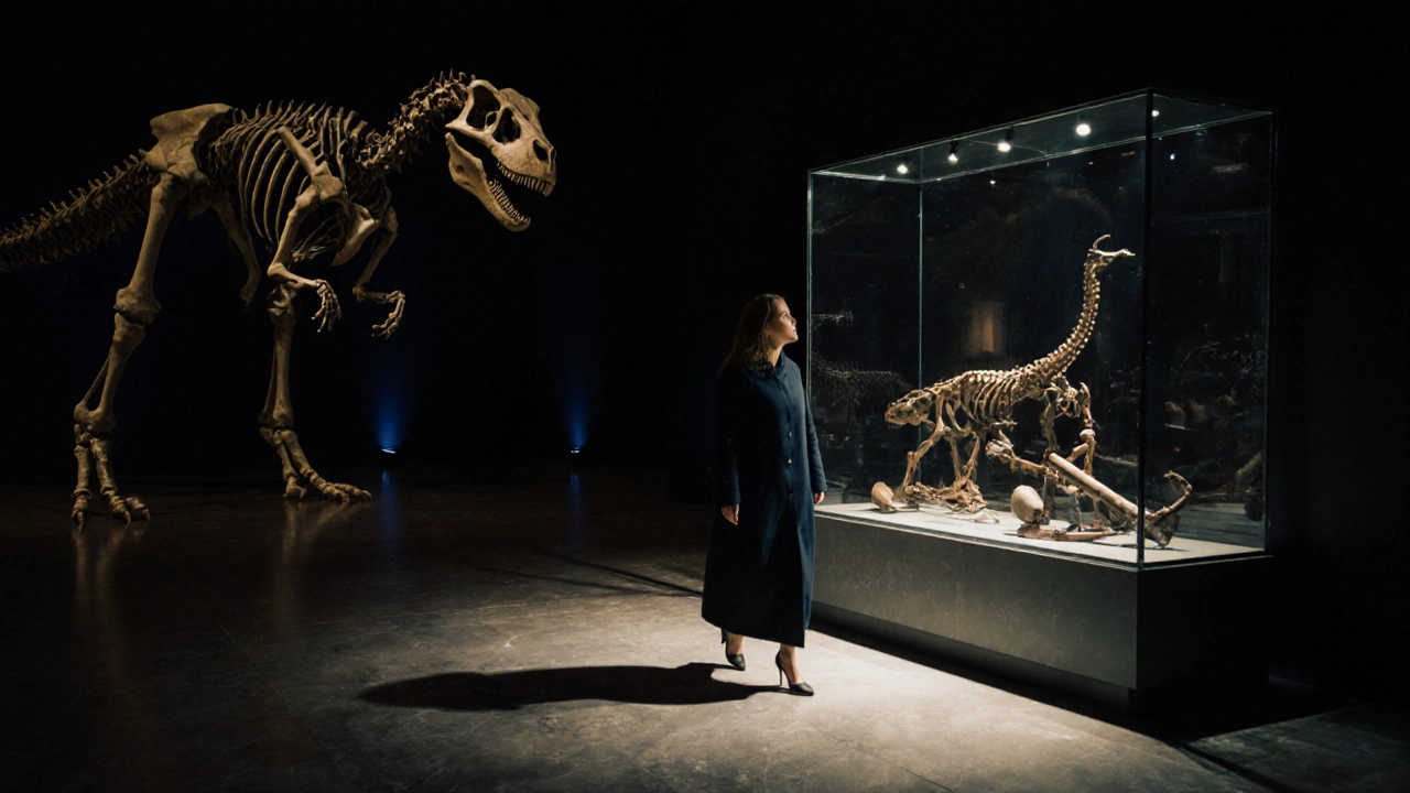 A woman stands alone in the empty Science Museum, gazing up at dinosaur skeletons under a single spotlight.