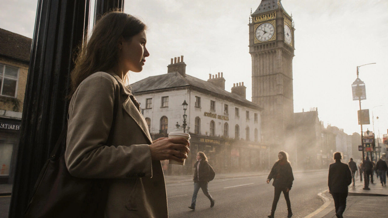 A woman stands by Enfield Town&#039;s clock tower at dawn, holding coffee, as morning commuters pass in the quiet urban scene.
