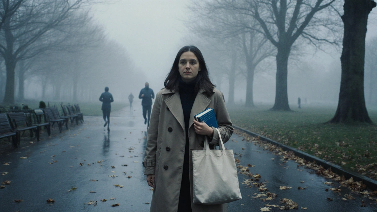A woman walking alone through a misty London park at dawn, calm and contemplative.