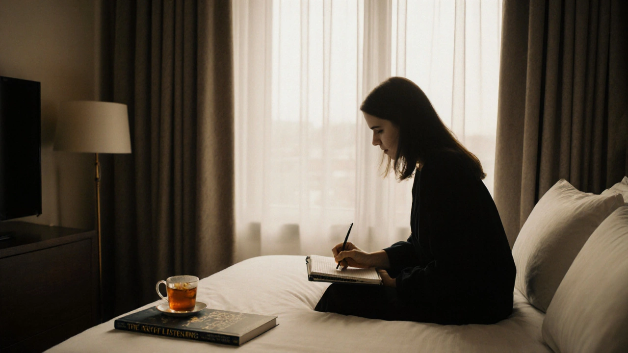 A woman writing in a notebook in a quiet hotel room, morning light streaming in, symbols of thoughtful companionship around her.
