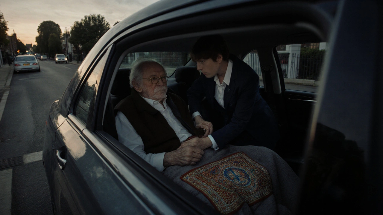 An elderly traveler being assisted into a car by a thoughtful escort in Chiswick, London.