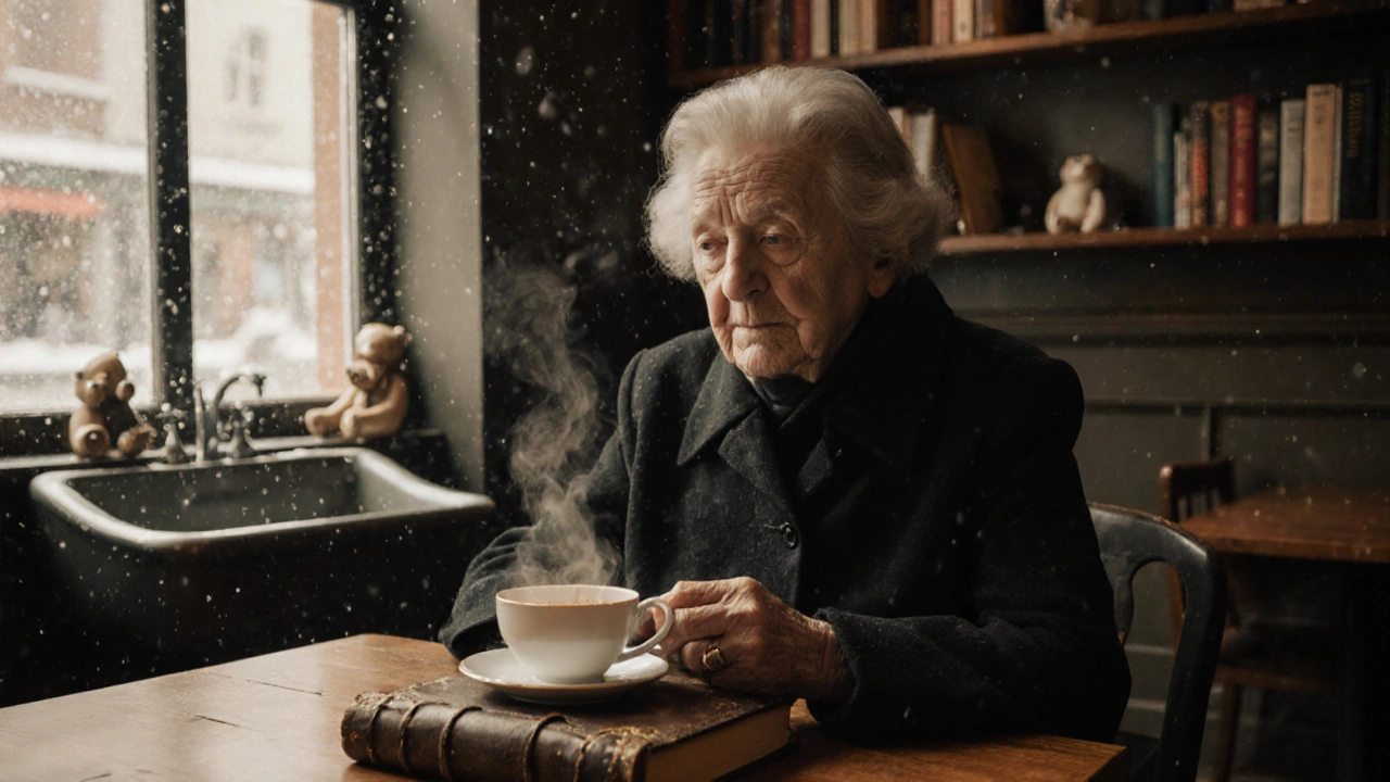 An elderly woman sips tea in a cozy café, steam rising, vintage books and ceramic bears visible behind her.