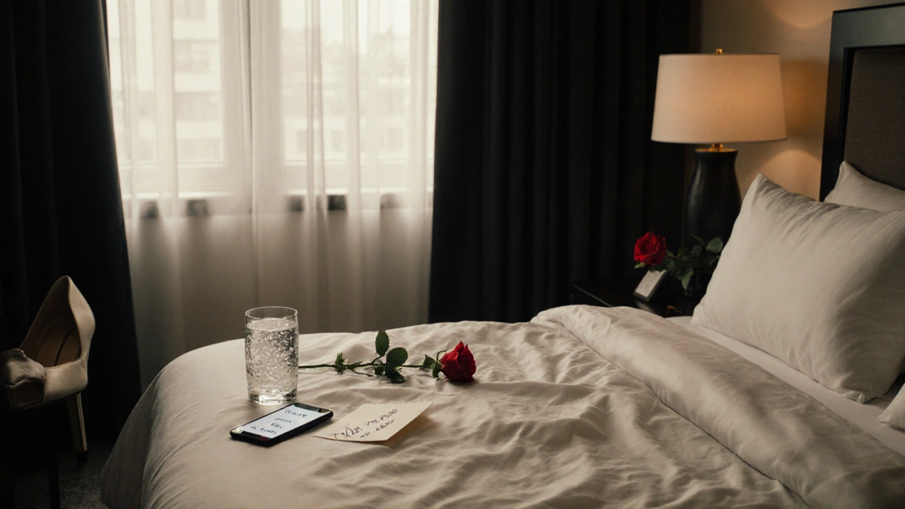 An empty luxury hotel suite at dawn, showing signs of a private encounter with no people present.