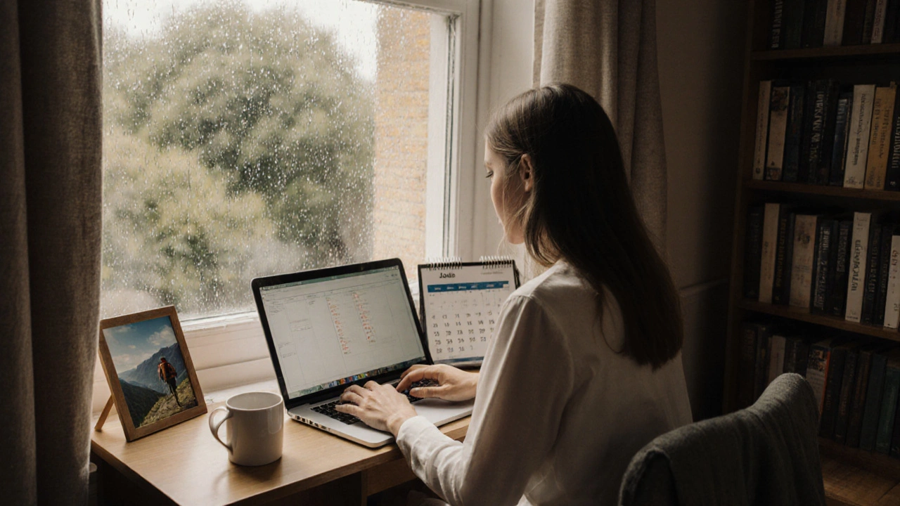 An independent escort working in a cozy Notting Hill apartment with books and natural light.
