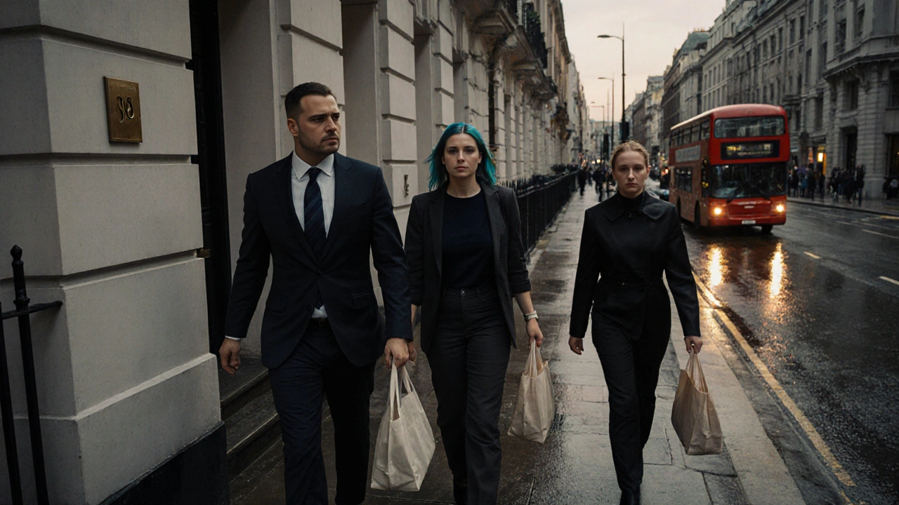 Clients exiting a discreet London building at dusk, looking peaceful after a session.