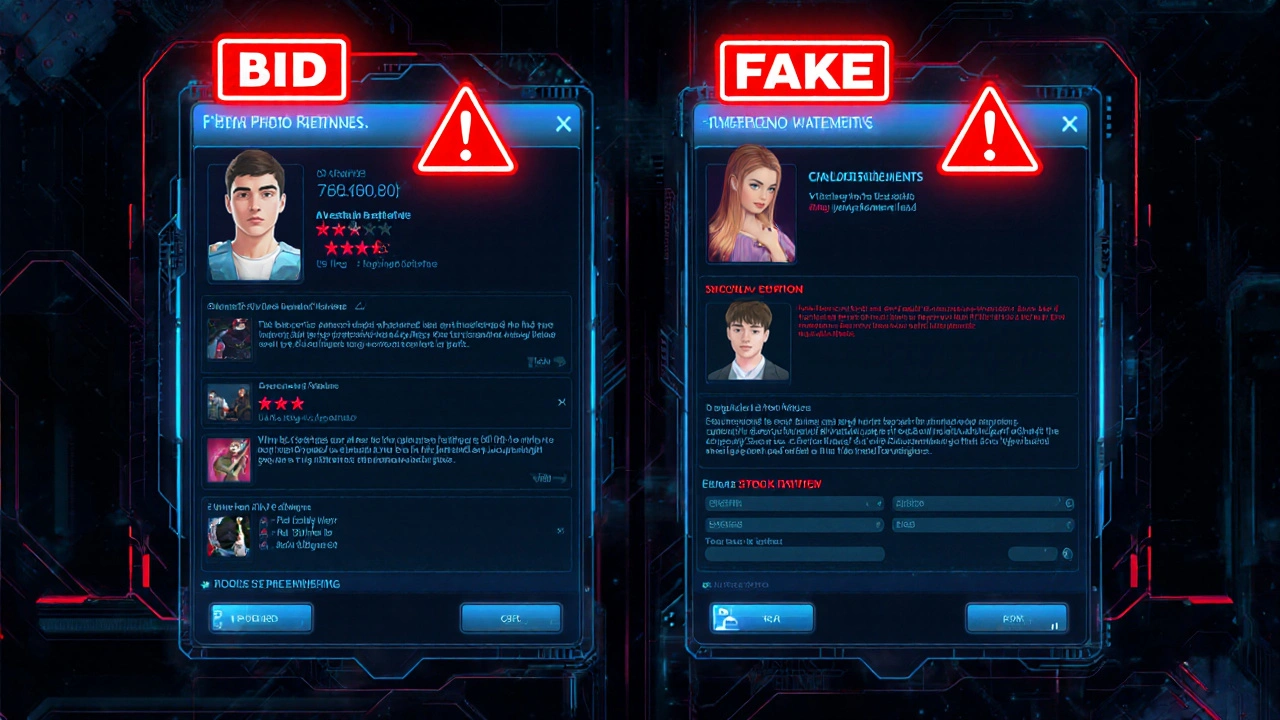 Comparison of verified and fake escort profiles with warning indicators.