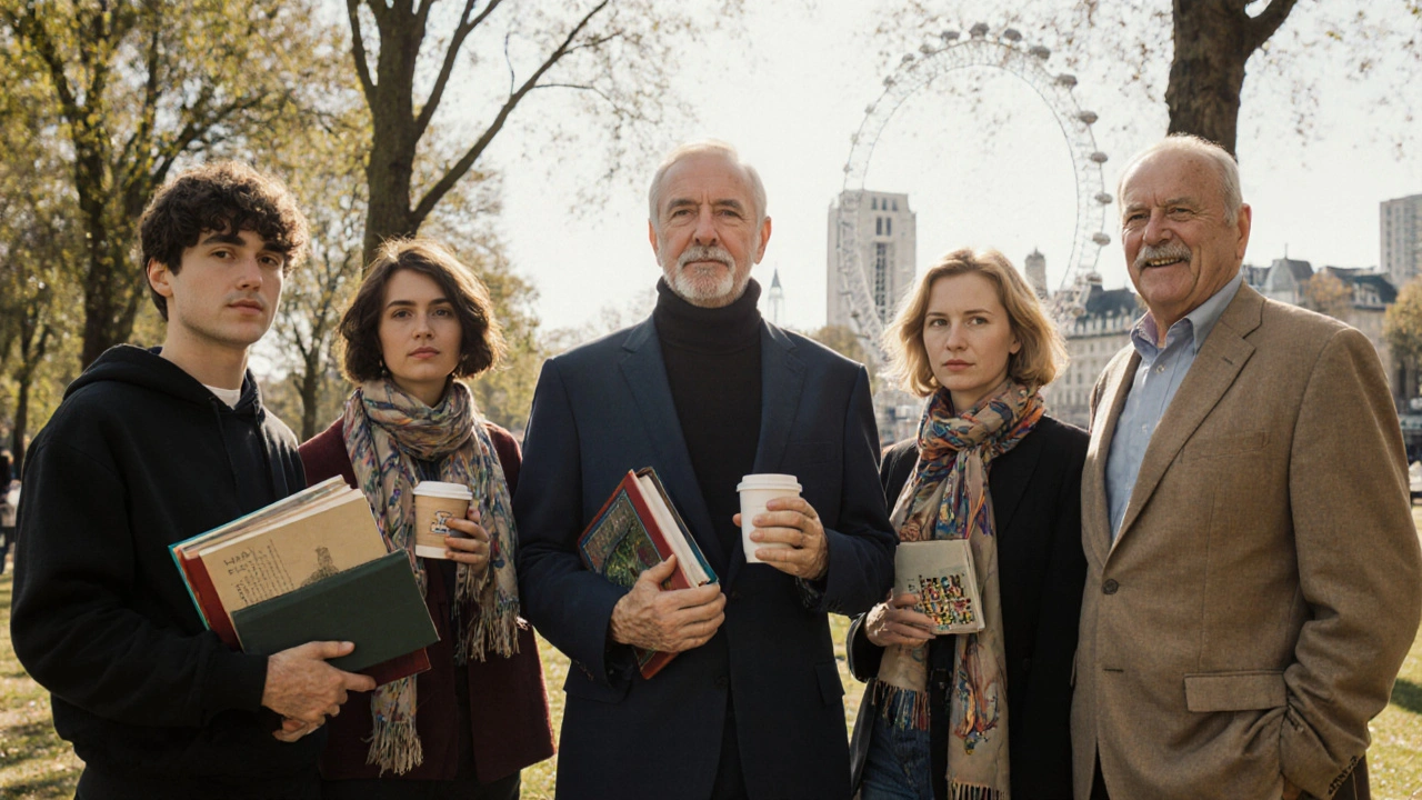 Diverse British escorts in casual and professional attire enjoying a sunny afternoon in a London park, each with personal items.