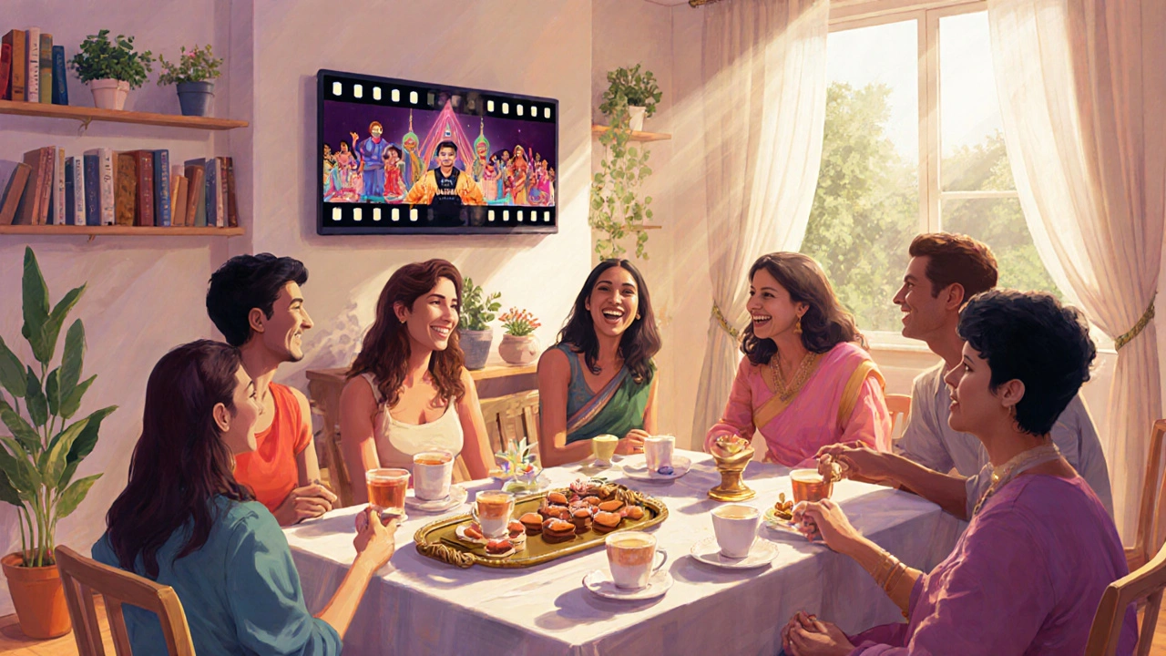 Diverse group enjoying afternoon tea with Indian sweets in a warm, plant-filled flat in Tooting.