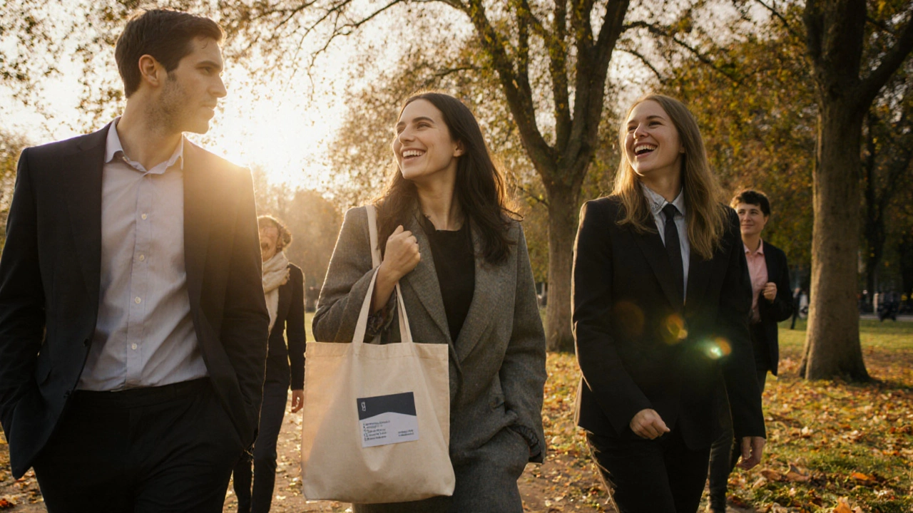 Diverse individuals enjoying a peaceful walk in Hyde Park, embodying companionship without transactional cues.
