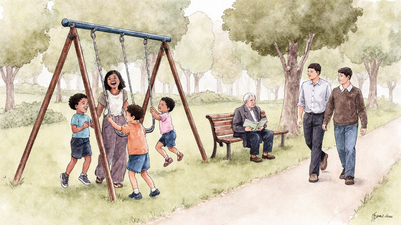 Diverse residents of Barnet enjoying quiet moments together in the park—children playing, people walking and reading.