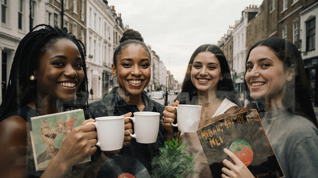 Interconnected hands holding coffee cups against a multicultural London backdrop, symbolizing unity and diversity.