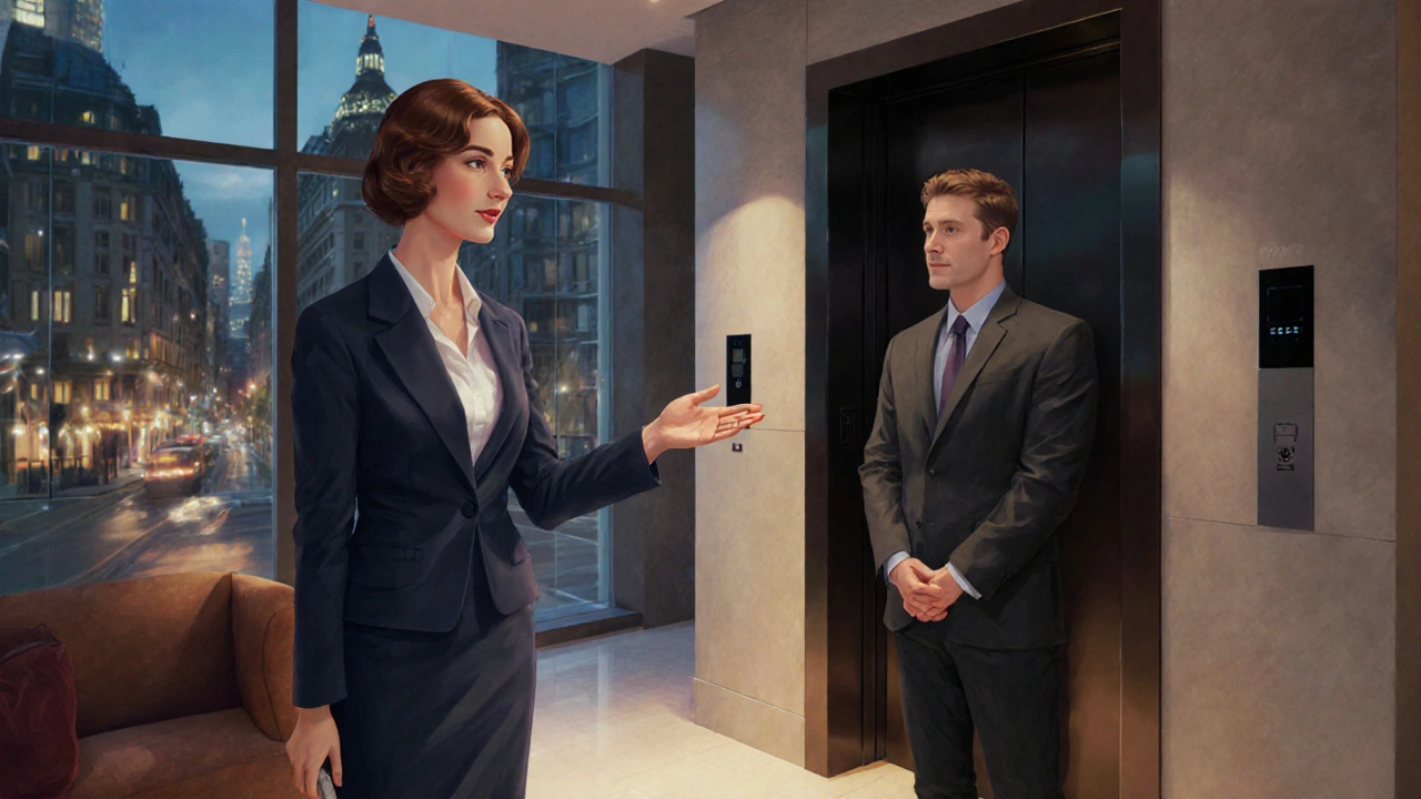 Professional escort in a hotel lobby gesturing toward a private elevator, client waiting respectfully.