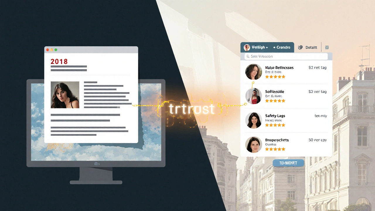 Split illustration showing outdated forum reviews on the left and modern verified app reviews on the right, symbolizing trust evolution.