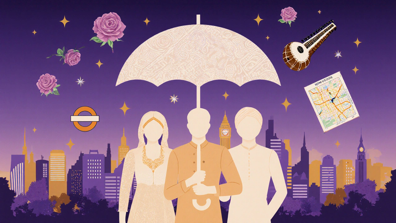 Three abstract figures symbolizing diverse cultures stand under a skyline-shaped umbrella, surrounded by symbols of Hounslow’s heritage.