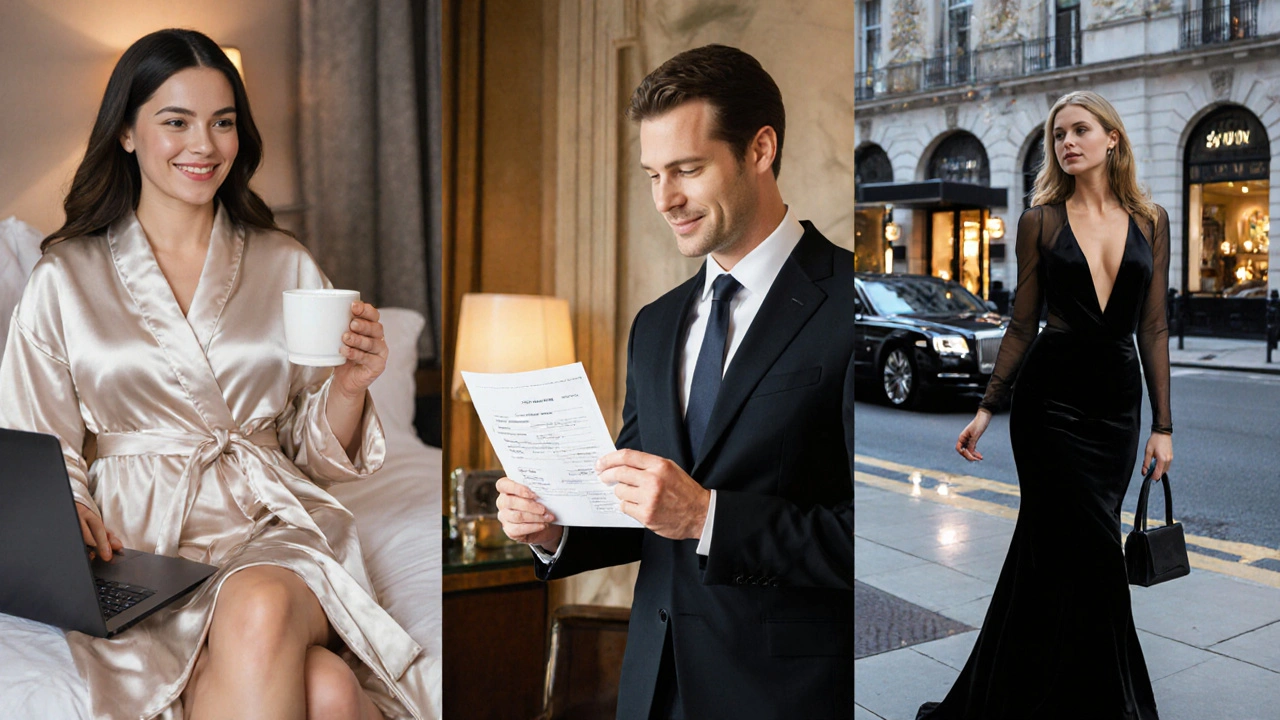 Three distinct escort types in Central London: independent, agency, and VIP, each in their setting with subtle visual cues of their service style.