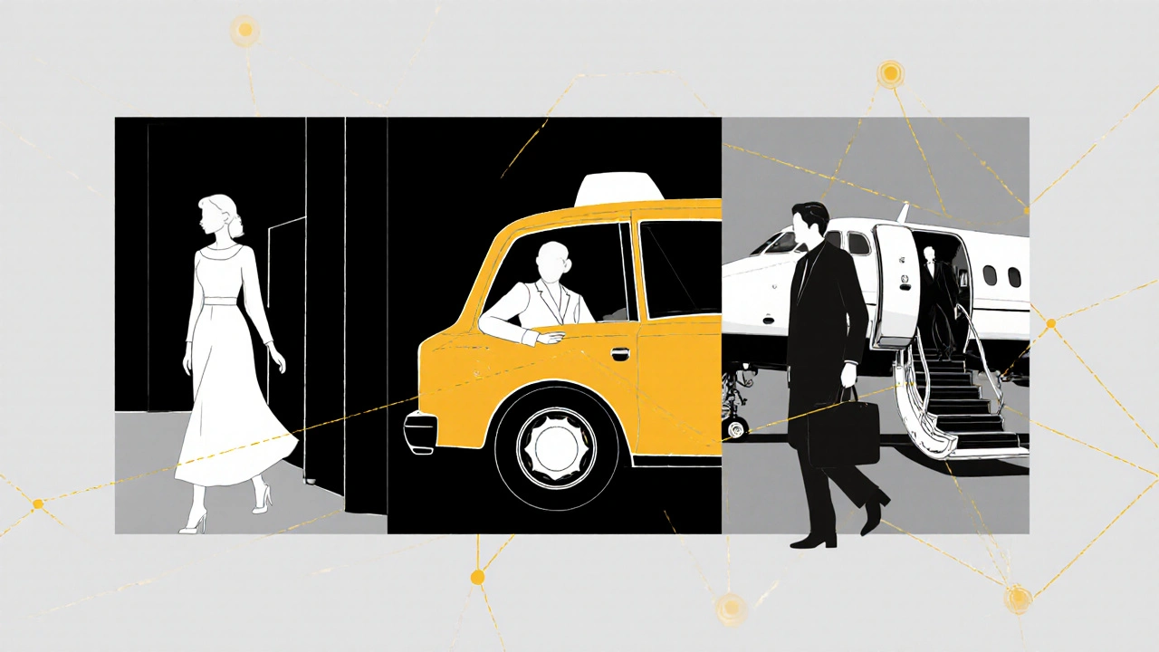 Three minimalist silhouettes of a VIP escort in different settings, connected by golden threads representing emotional presence.