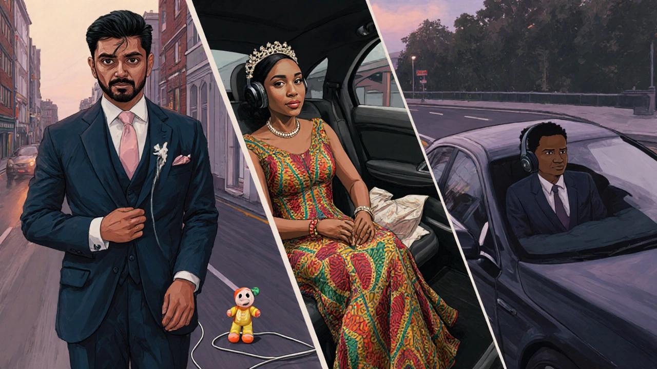 Three scenes showing cultural moments of care: a wedding suit being pressed, fabric in a car, and a quiet business traveler.