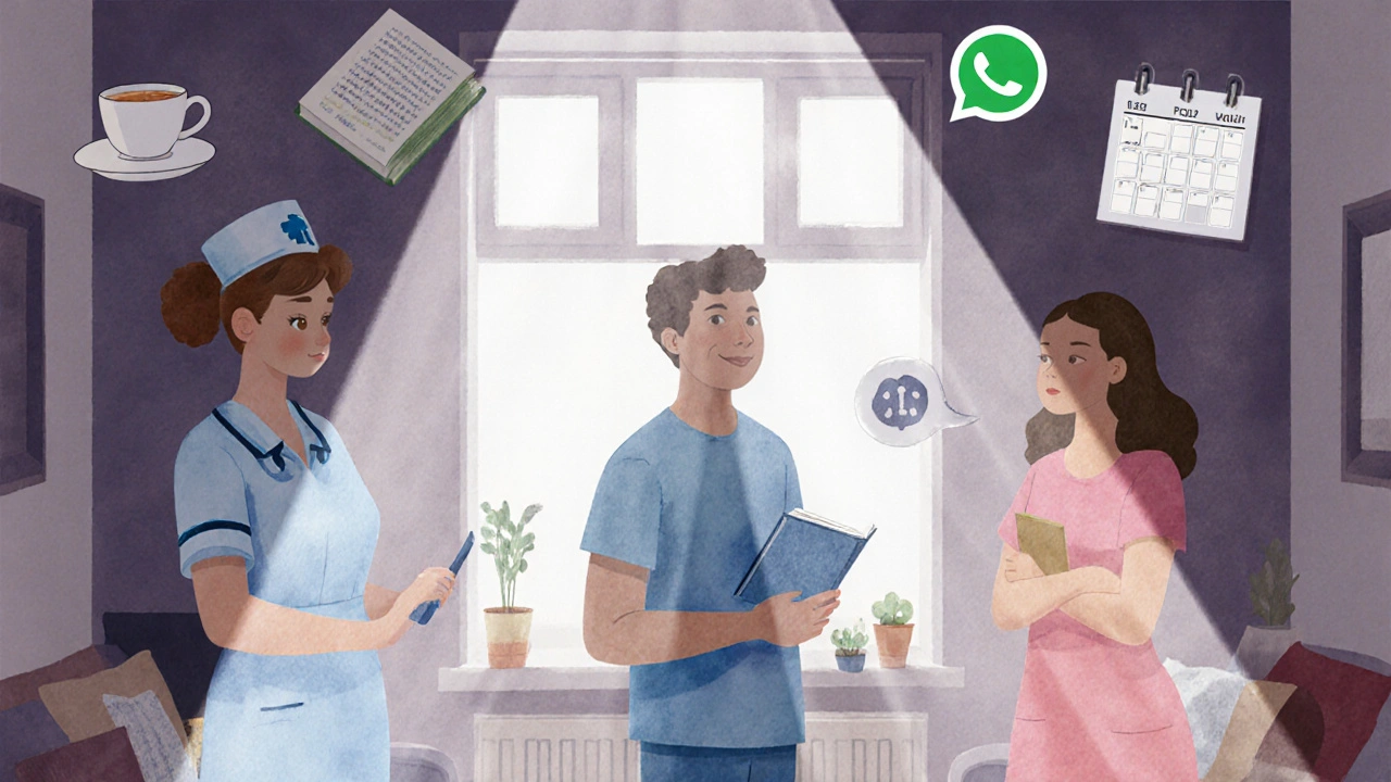 Three women in a cozy home, each representing different lives, surrounded by symbols of care and connection.