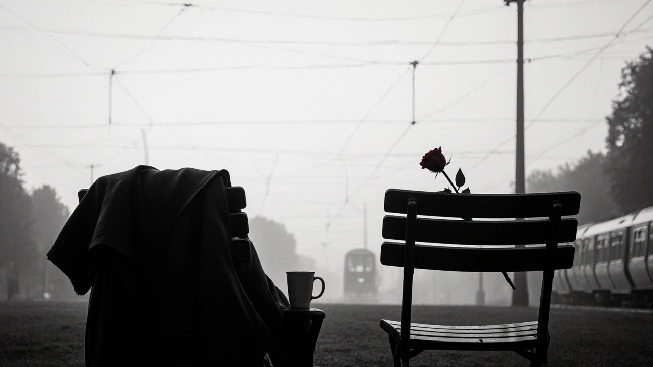 Two empty chairs in Leyton Flats Park at dusk with coffee cup and rose.