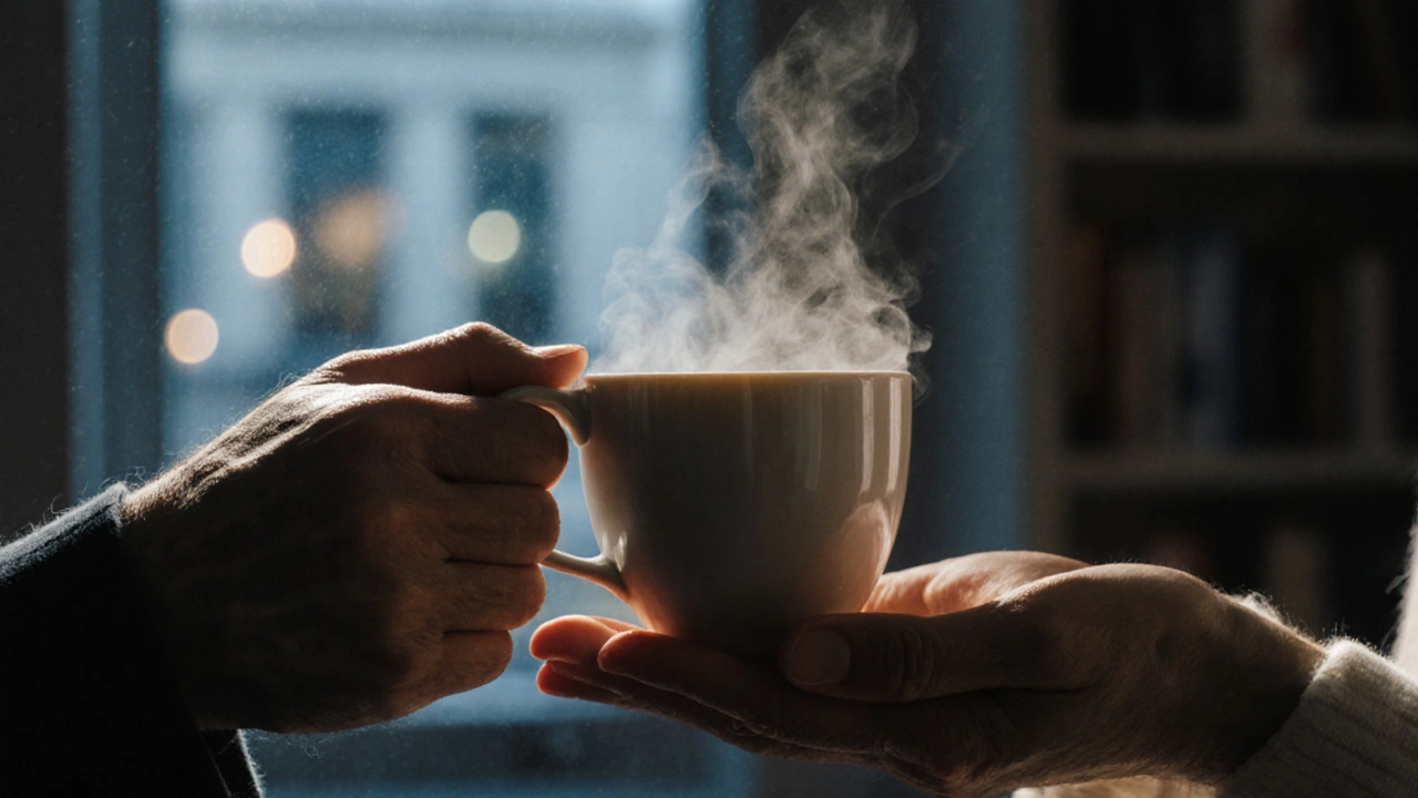 Two hands holding a cup of tea together, symbolizing emotional comfort and mutual respect in a private moment.
