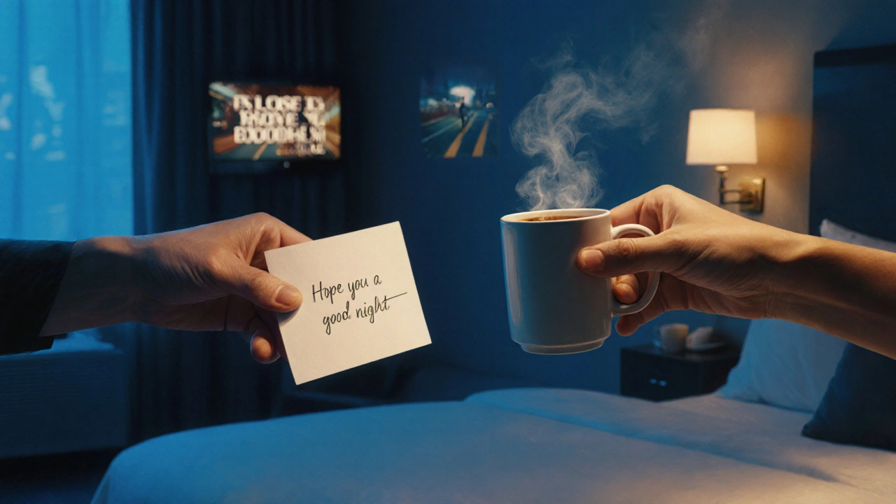 Two hands nearly touching across a hotel room, one holding a note, the other a mug, symbolizing quiet human connection.
