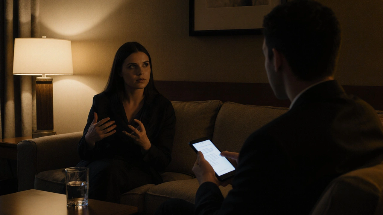 Two people converse calmly on a hotel sofa, emphasizing verbal consent and respectful communication.