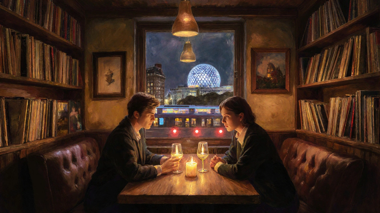 Two people enjoying wine in a candlelit basement bar in Islington, surrounded by books and vintage vinyl.