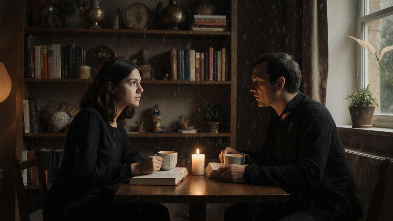 Two people share tea and a book in a warm, intimate flat in Palmers Green, with cultural items and candlelight around them.