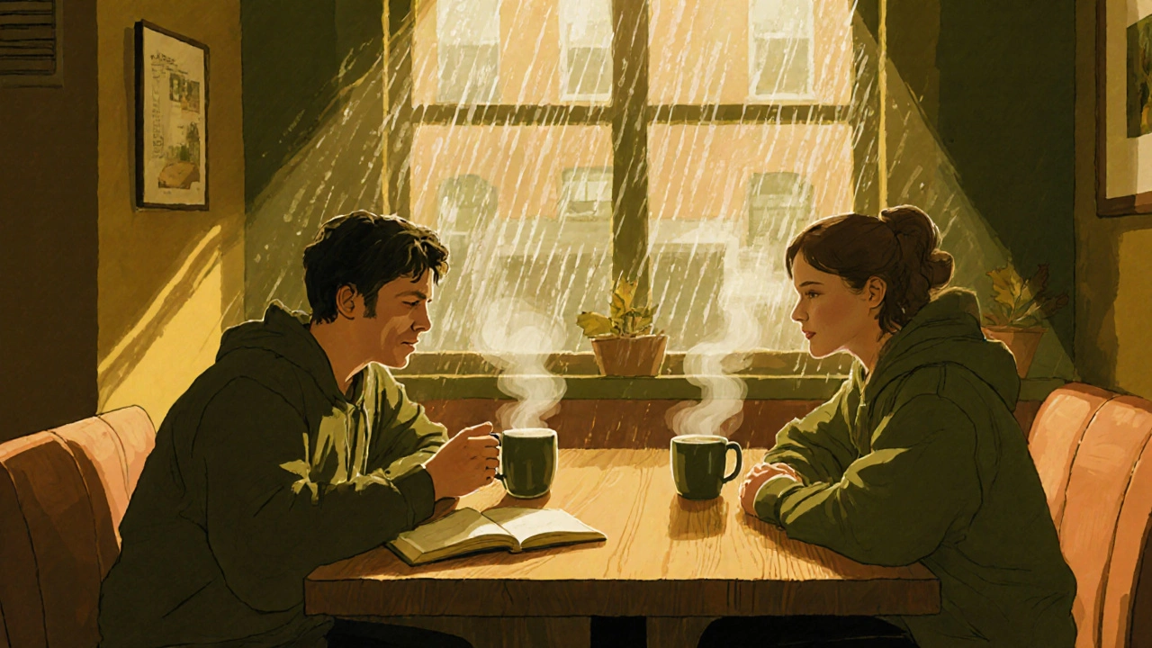 Two people sharing a quiet moment over coffee in a cozy Bethnal Green café, rain on the window.