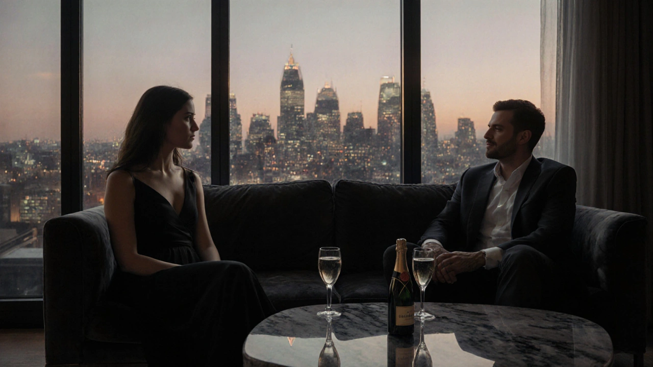 Two people sit quietly by a window in Canary Wharf, overlooking the city skyline at dusk with champagne glasses nearby.