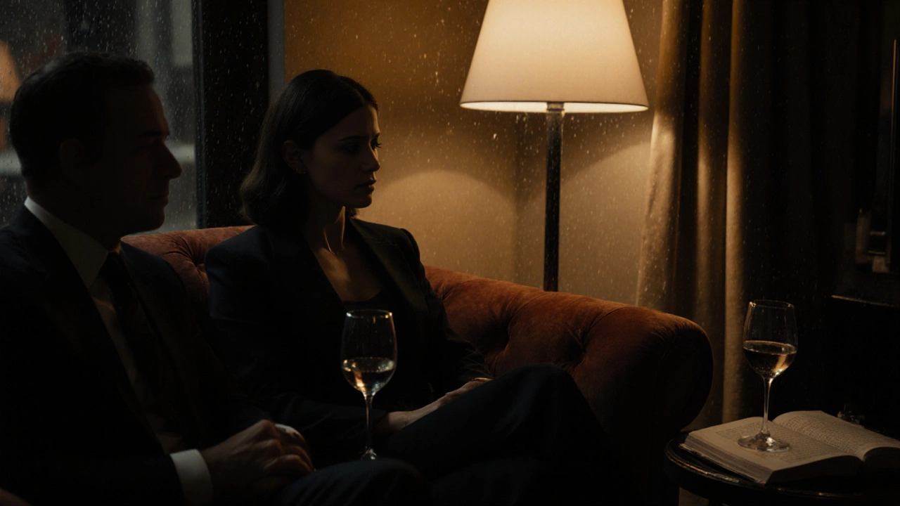 Two people sitting in silence in a luxury hotel suite, wine glasses nearby, warm lamplight, no physical contact.
